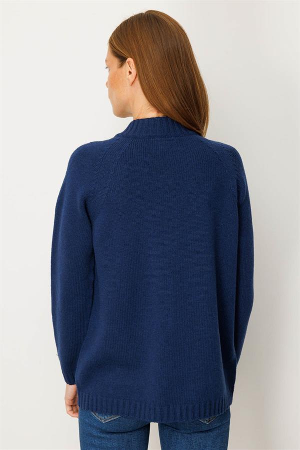 Kadın Dik Yaka Cepli Basic Yün Ceket İndigo