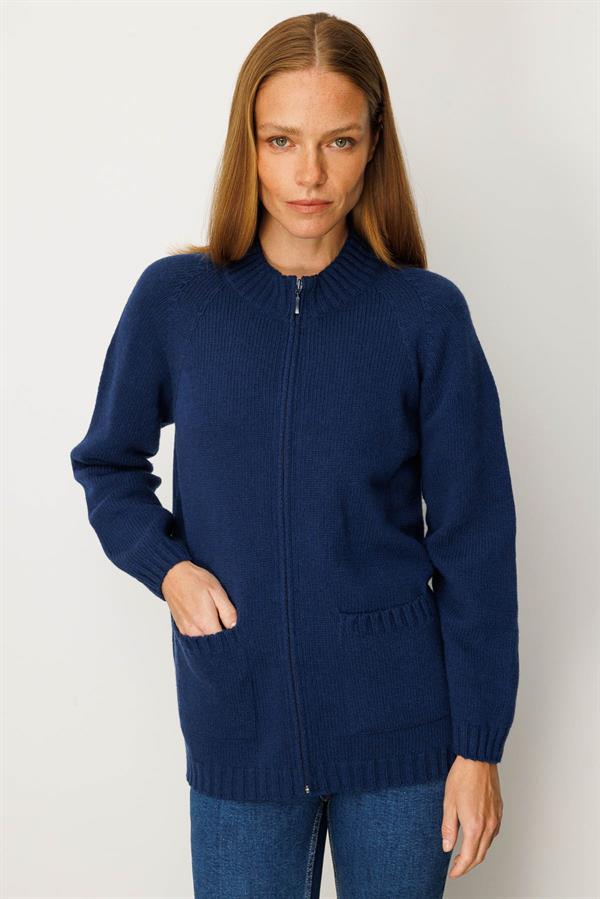 Kadın Dik Yaka Cepli Basic Yün Ceket İndigo