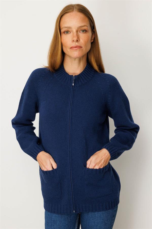 Kadın Dik Yaka Cepli Basic Yün Ceket İndigo