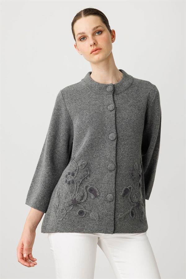 Kadın Dik Yaka Çiçek Desenli Kısa Yün Ceket Füme