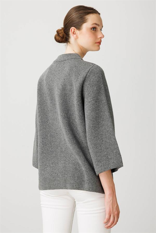 Kadın Dik Yaka Çiçek Desenli Kısa Yün Ceket Füme