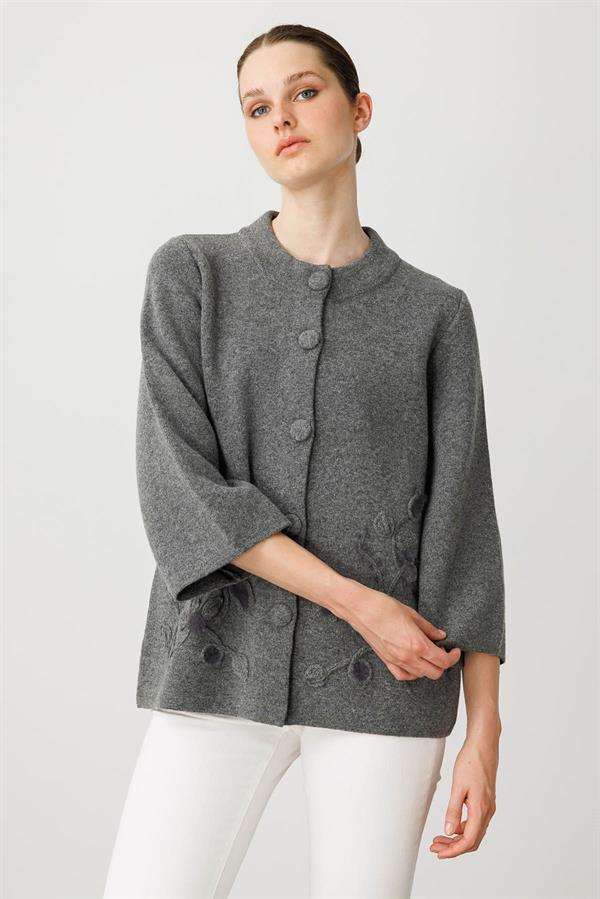 Kadın Dik Yaka Çiçek Desenli Kısa Yün Ceket Füme