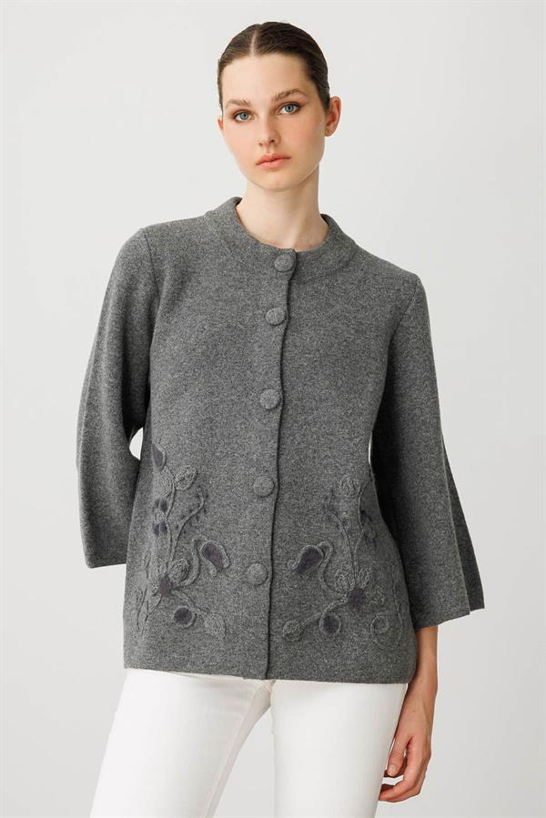 Kadın Dik Yaka Çiçek Desenli Kısa Yün Ceket Füme