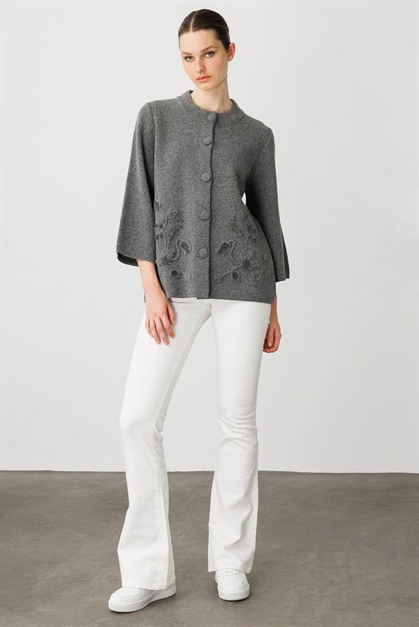 Kadın Dik Yaka Çiçek Desenli Kısa Yün Ceket Füme