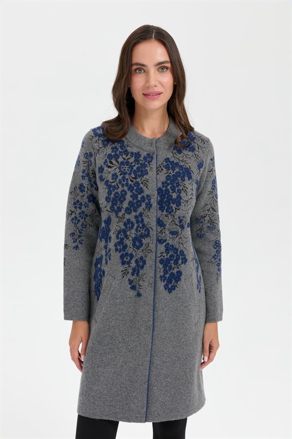 Kadın Dik Yaka Çiçekli Uzun Yün Kaban Füme