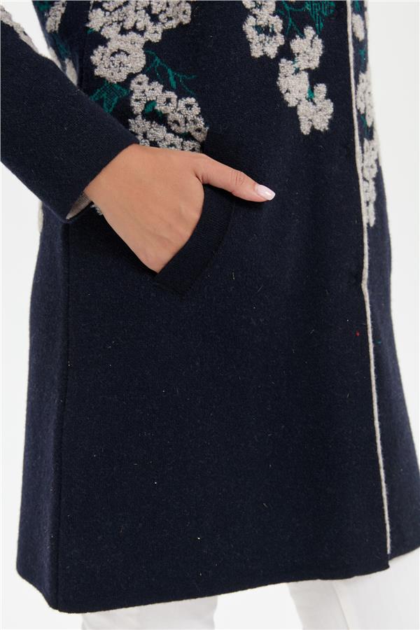 Kadın Dik Yaka Çiçekli Uzun Yün Kaban K.Lacivert