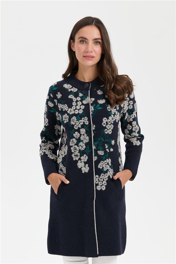 Kadın Dik Yaka Çiçekli Uzun Yün Kaban K.Lacivert