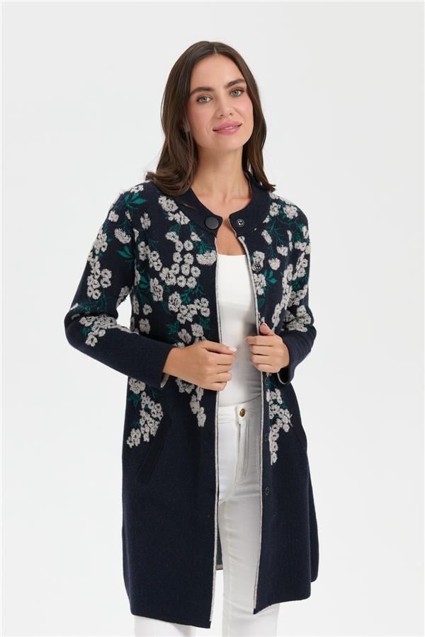 Kadın Dik Yaka Çiçekli Uzun Yün Kaban K.Lacivert