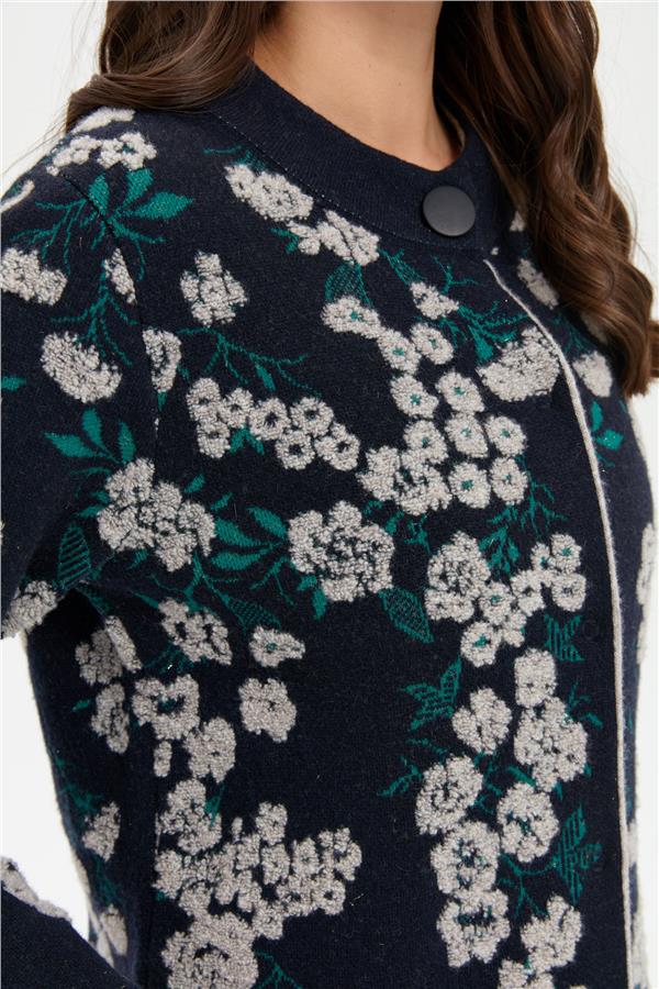 Kadın Dik Yaka Çiçekli Uzun Yün Kaban K.Lacivert