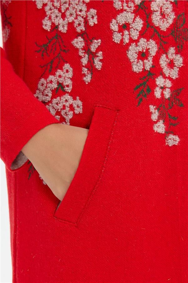 Kadın Dik Yaka Çiçekli Uzun Yün Kaban Mercan