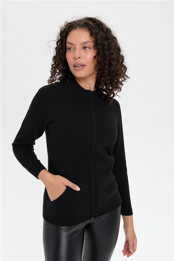 Kadın Dik Yaka Dikişsiz Önü Fermuarlı Yün Hırka Siyah