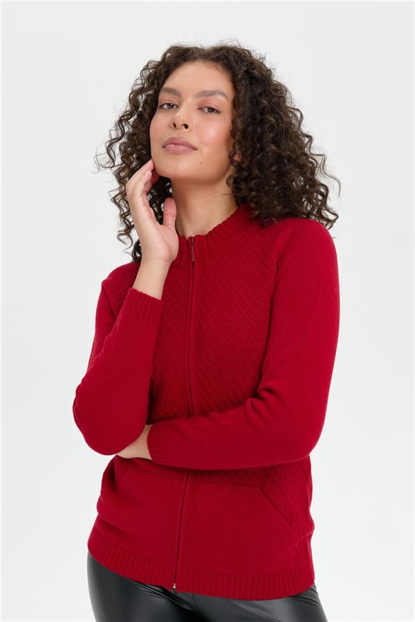 Kadın Dik Yaka Dikişsiz Önü Fermuarlı Yün Hırka K.Kırmızı
