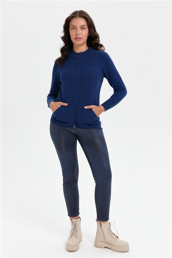 Kadın Dik Yaka Dikişsiz Önü Fermuarlı Yün Hırka İndigo