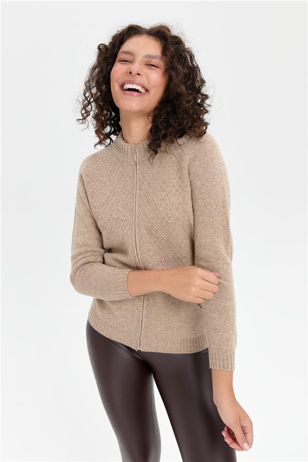 Kadın Dik Yaka Dikişsiz Önü Fermuarlı Yün Hırka K.Bej