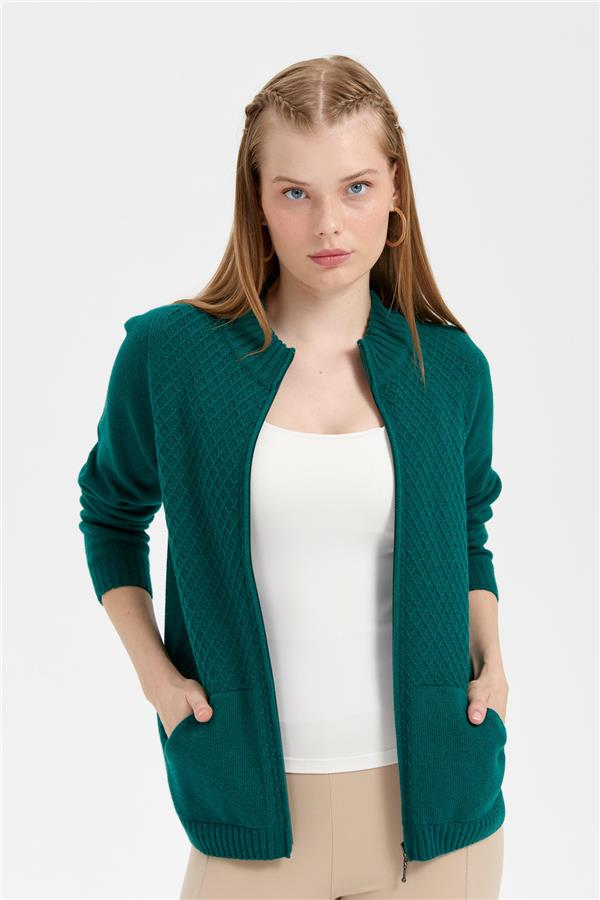 Kadın Dik Yaka Dikişsiz Önü Fermuarlı Yün Hırka K.Ö.başı