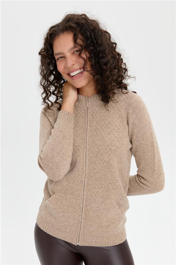 Kadın Dik Yaka Dikişsiz Önü Fermuarlı Yün Hırka K.Bej