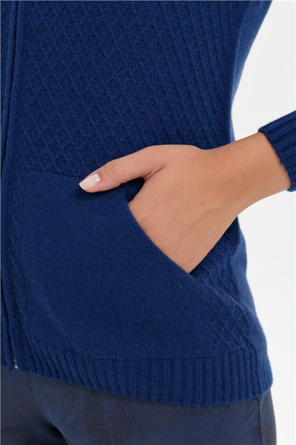 Kadın Dik Yaka Dikişsiz Önü Fermuarlı Yün Hırka İndigo