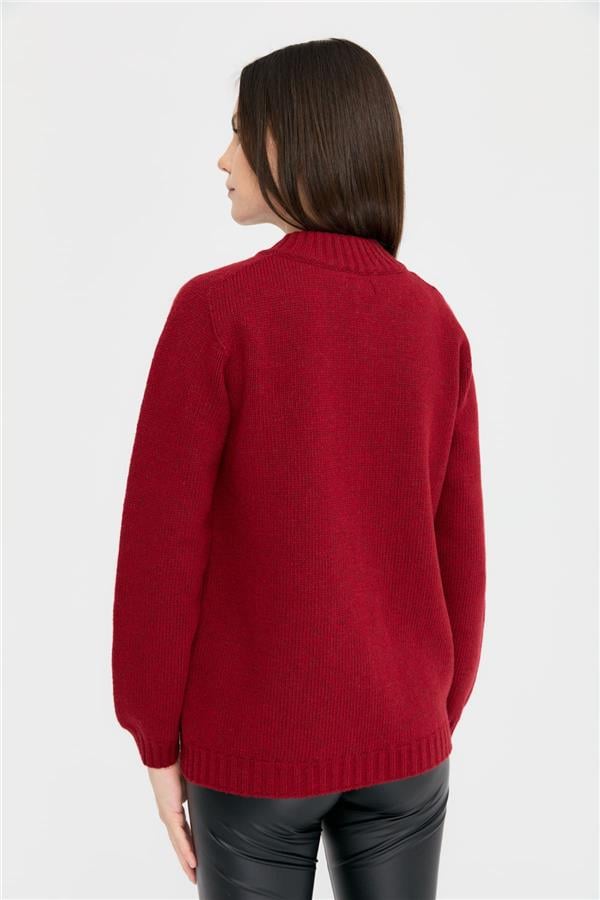 Kadın Dik Yaka Dikişsiz Önü Saç Örgülü Yün Hırka V.Kırmızı