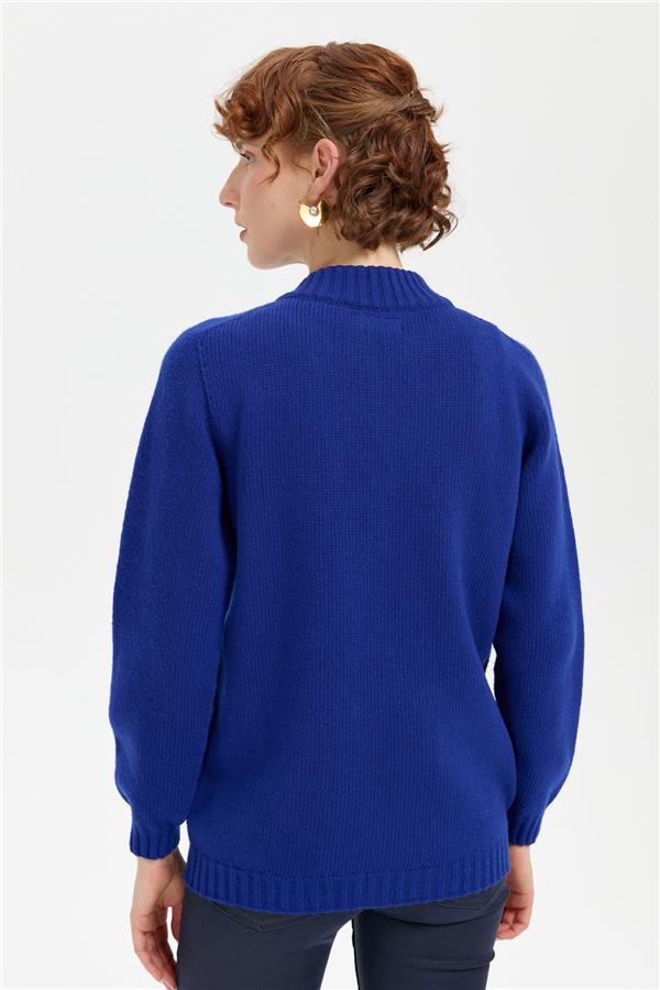Kadın Dik Yaka Dikişsiz Önü Saç Örgülü Yün Hırka K.S.Mavi