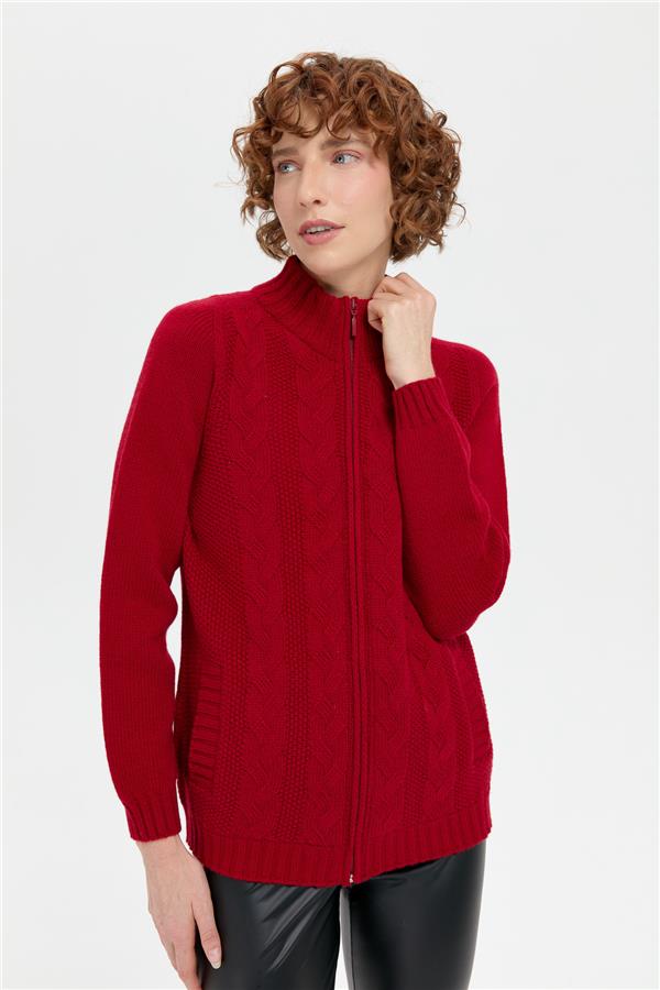 Kadın Dik Yaka Dikişsiz Önü Saç Örgülü Yün Hırka K.Kırmızı
