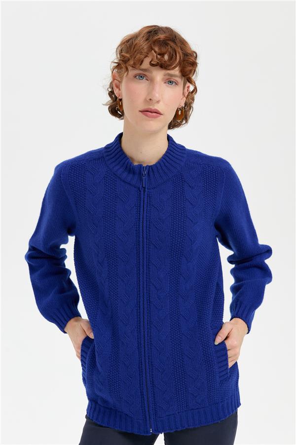 Kadın Dik Yaka Dikişsiz Önü Saç Örgülü Yün Hırka K.S.Mavi