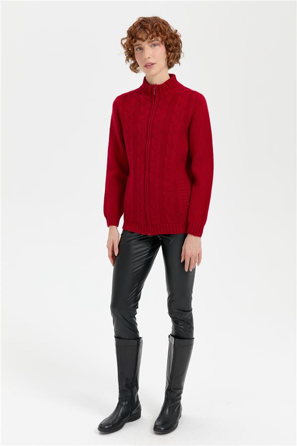 Kadın Dik Yaka Dikişsiz Önü Saç Örgülü Yün Hırka K.Kırmızı