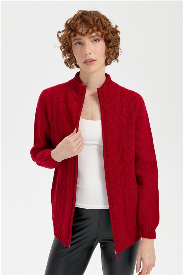 Kadın Dik Yaka Dikişsiz Önü Saç Örgülü Yün Hırka K.Kırmızı
