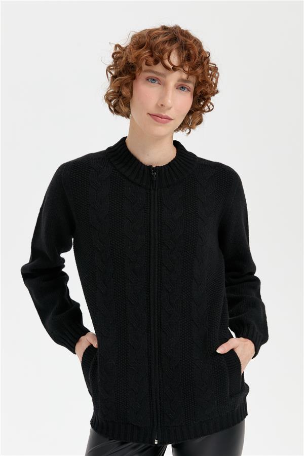 Kadın Dik Yaka Dikişsiz Önü Saç Örgülü Yün Hırka Siyah