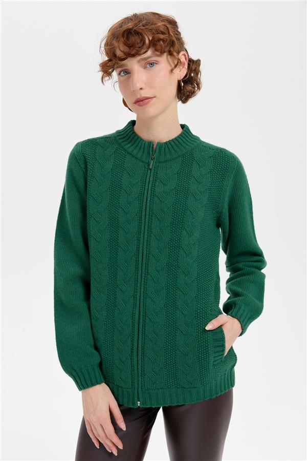 Kadın Dik Yaka Dikişsiz Önü Saç Örgülü Yün Hırka Ö.Başı