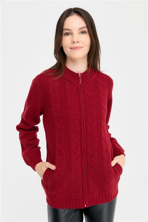 Kadın Dik Yaka Dikişsiz Önü Saç Örgülü Yün Hırka V.Kırmızı