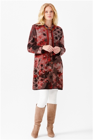 Женское длинное пальто с воротником-стойкой и рисунком, кирпичного цвета