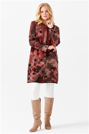Женское длинное пальто с воротником-стойкой и рисунком, кирпичного цвета