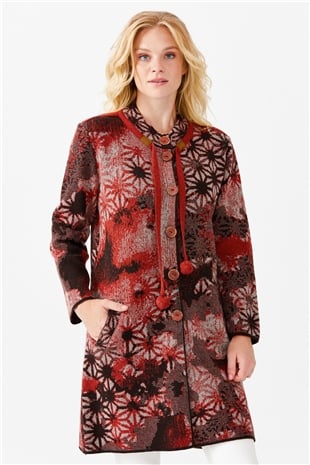 Женское длинное пальто с воротником-стойкой и рисунком, кирпичного цвета