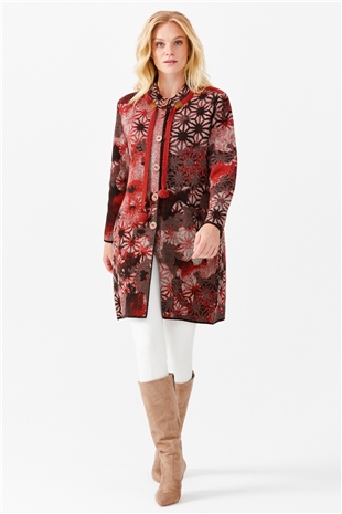 Женское длинное пальто с воротником-стойкой и рисунком, кирпичного цвета