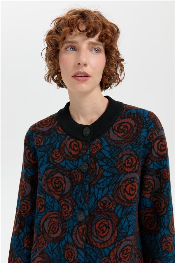 Kadın Dik Yaka Gül Desenli Uzun Yün Kaban Siyah_K.petrol