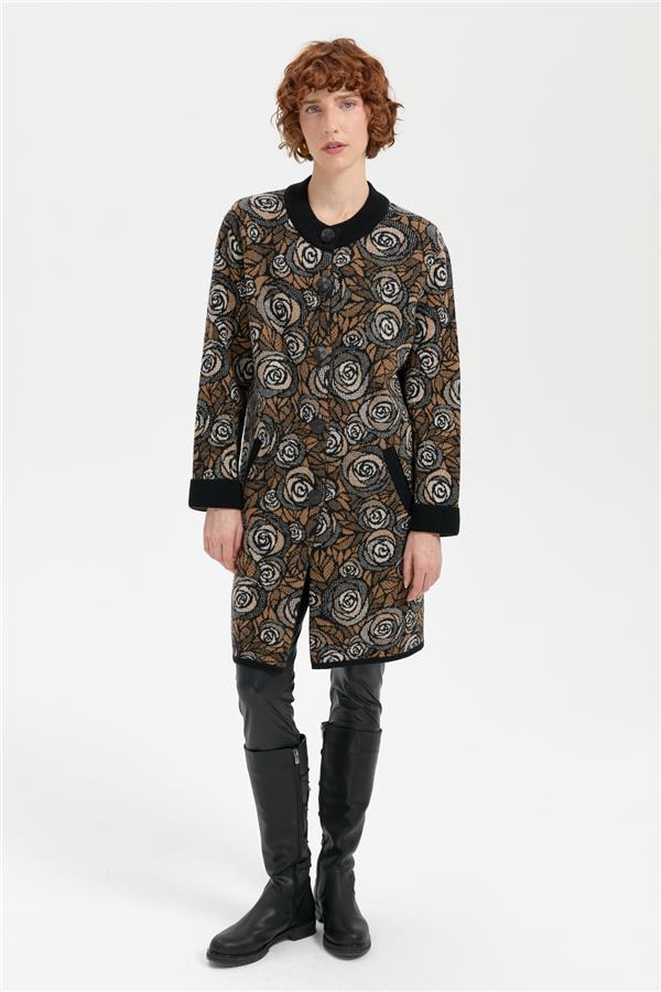 Kadın Dik Yaka Gül Desenli Uzun Yün Kaban Siyah_V.camel