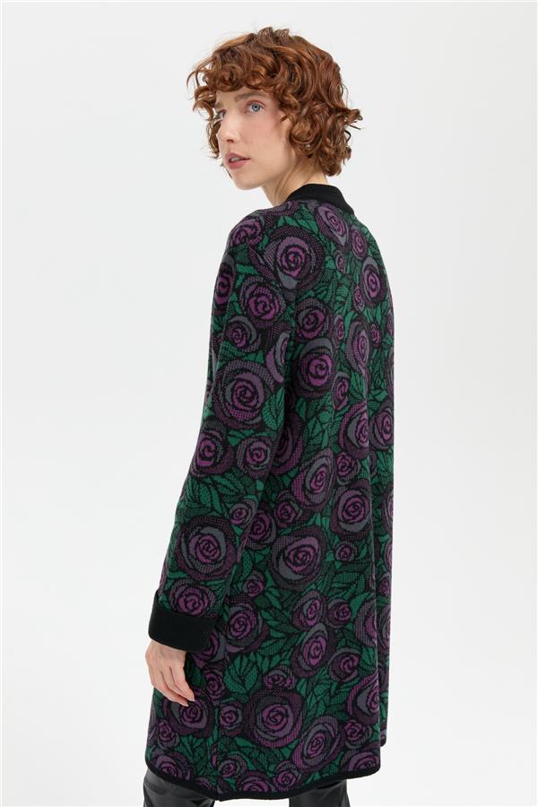 Kadın Dik Yaka Gül Desenli Uzun Yün Kaban Siyah_A.mor