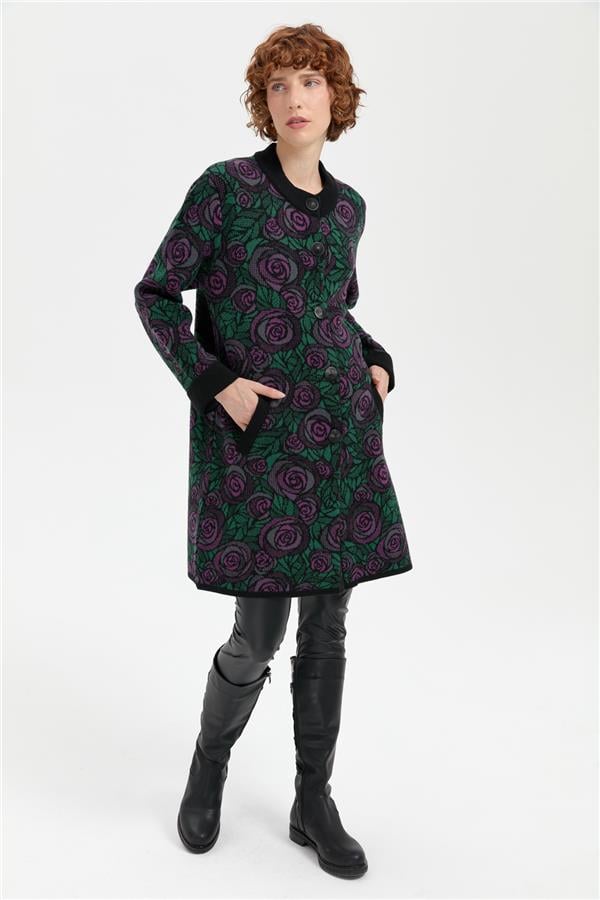 Kadın Dik Yaka Gül Desenli Uzun Yün Kaban Siyah_A.mor