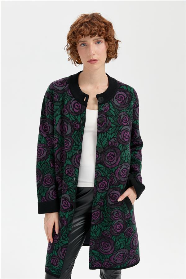 Kadın Dik Yaka Gül Desenli Uzun Yün Kaban Siyah_A.mor