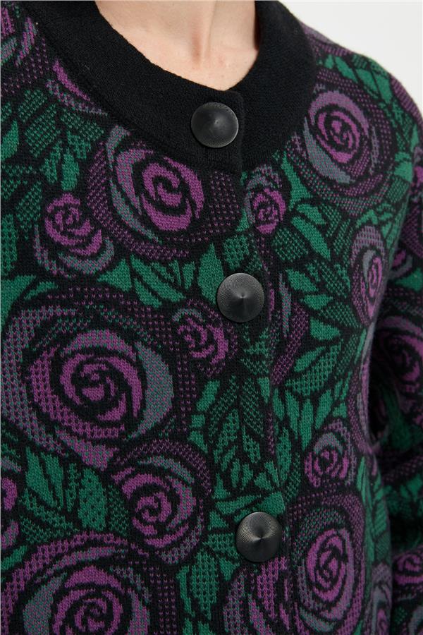 Kadın Dik Yaka Gül Desenli Uzun Yün Kaban Siyah_A.mor