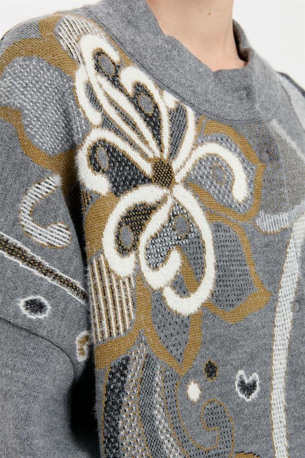 Kadın Dik Yaka Karışık Büyük Çiçekli Panço Füme_Siyah Sim