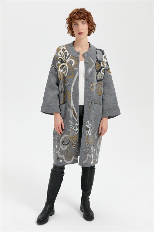 Kadın Dik Yaka Karışık Büyük Çiçekli Panço Füme_Siyah Sim