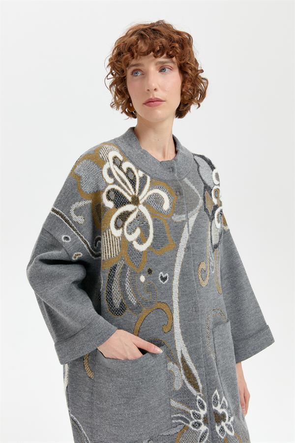 Kadın Dik Yaka Karışık Büyük Çiçekli Panço Füme_Siyah Sim