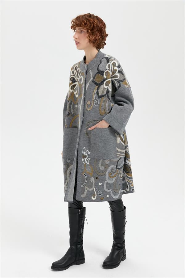 Kadın Dik Yaka Karışık Büyük Çiçekli Panço Füme_Siyah Sim