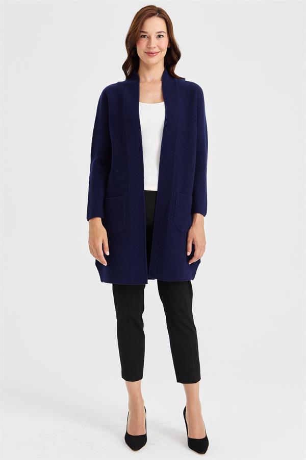 Женское длинное шерстяное пальто с высоким воротником и тесьмой