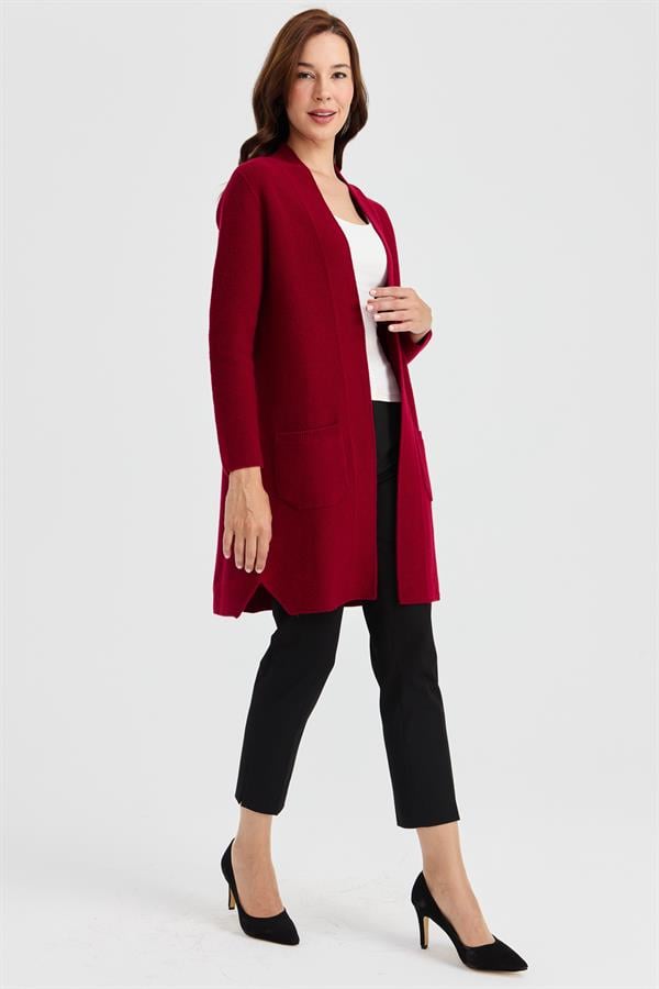 Женское длинное шерстяное пальто с высоким воротником и тесьмой