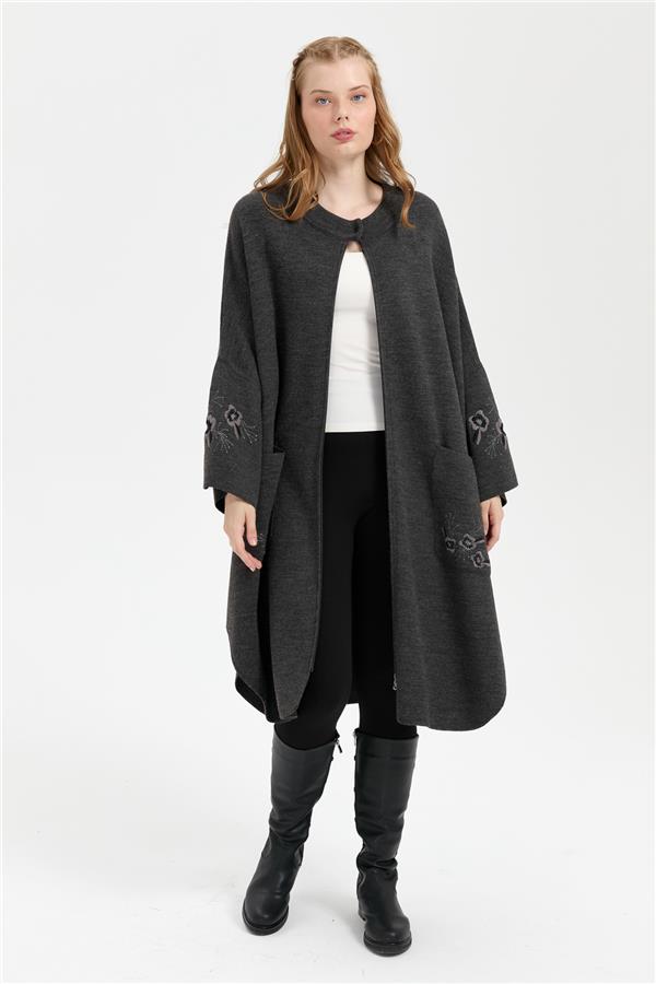 Kadın Dik Yaka Kolu ve Cebi İşlemeli Panço K.Füme