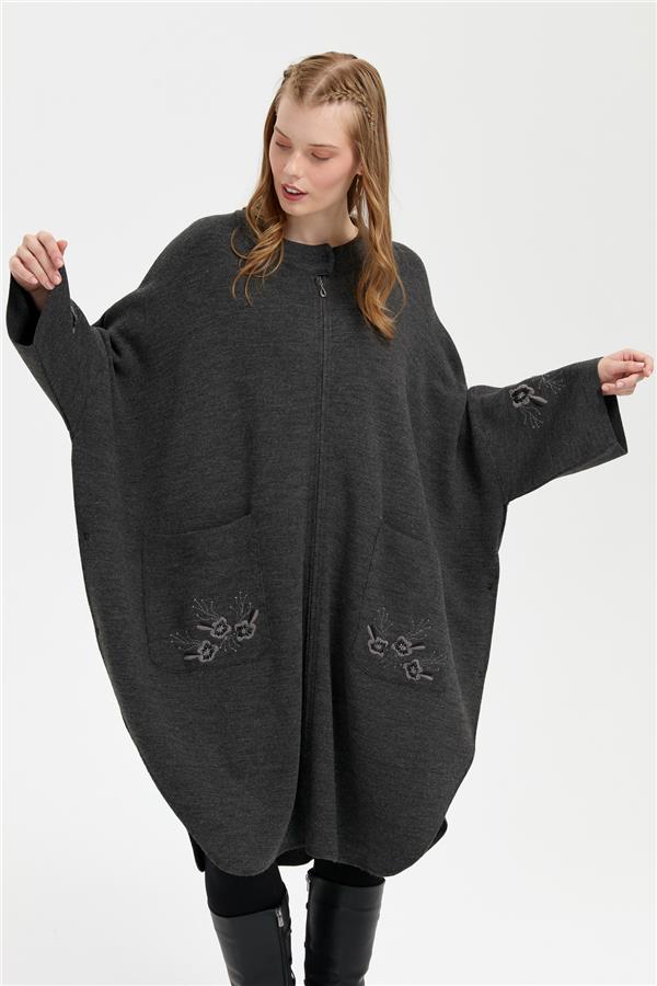 Kadın Dik Yaka Kolu ve Cebi İşlemeli Panço K.Füme