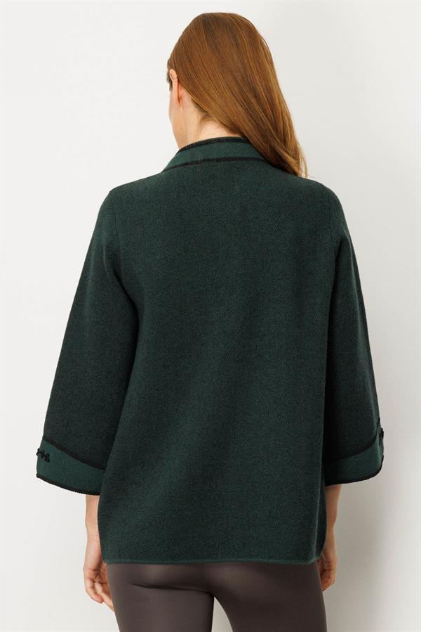 Kadın Dik Yaka Kolu ve Yakası Nakışlı Yün Ceket Yeşil