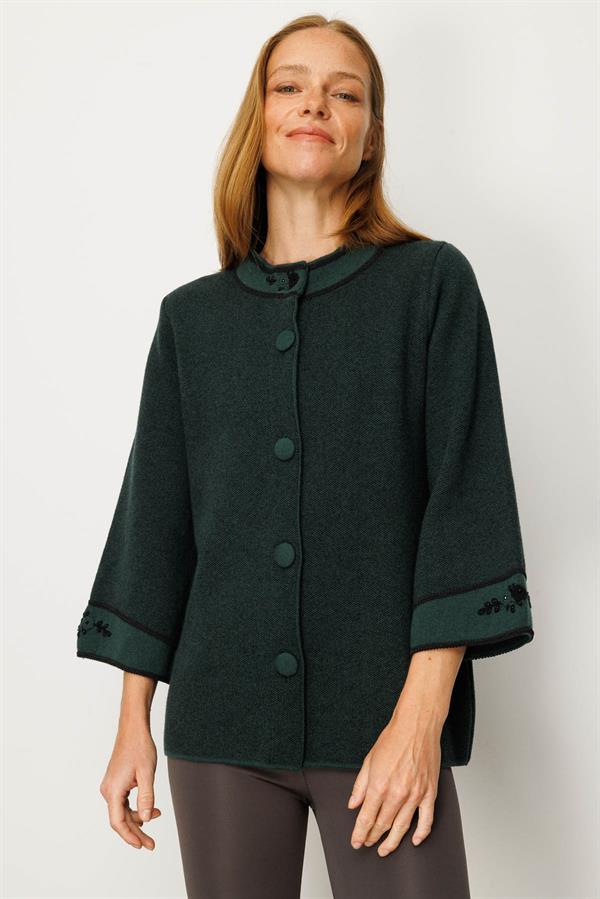 Kadın Dik Yaka Kolu ve Yakası Nakışlı Yün Ceket Yeşil